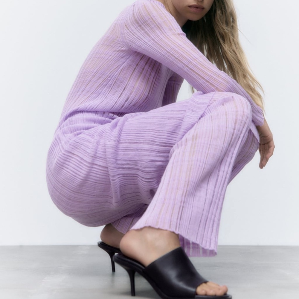 Zara Lilac Lavender Purple Straight Leg Semi Sheer Knit Pants NWT